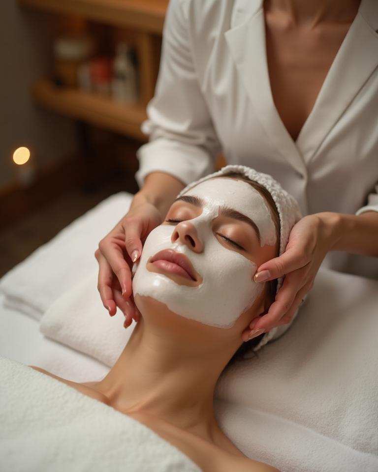 Esthetician performing a relaxing custom facial treatment on a client