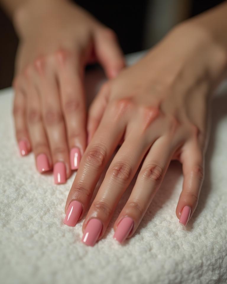Nail technician applying polish during a manicure at Bianchi's Salon